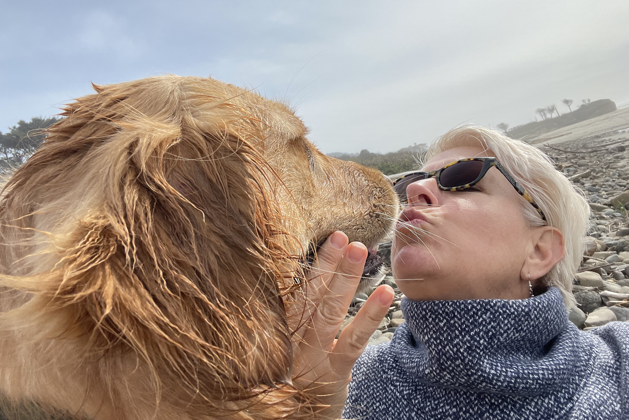 Kristin kissing labrador retriever
